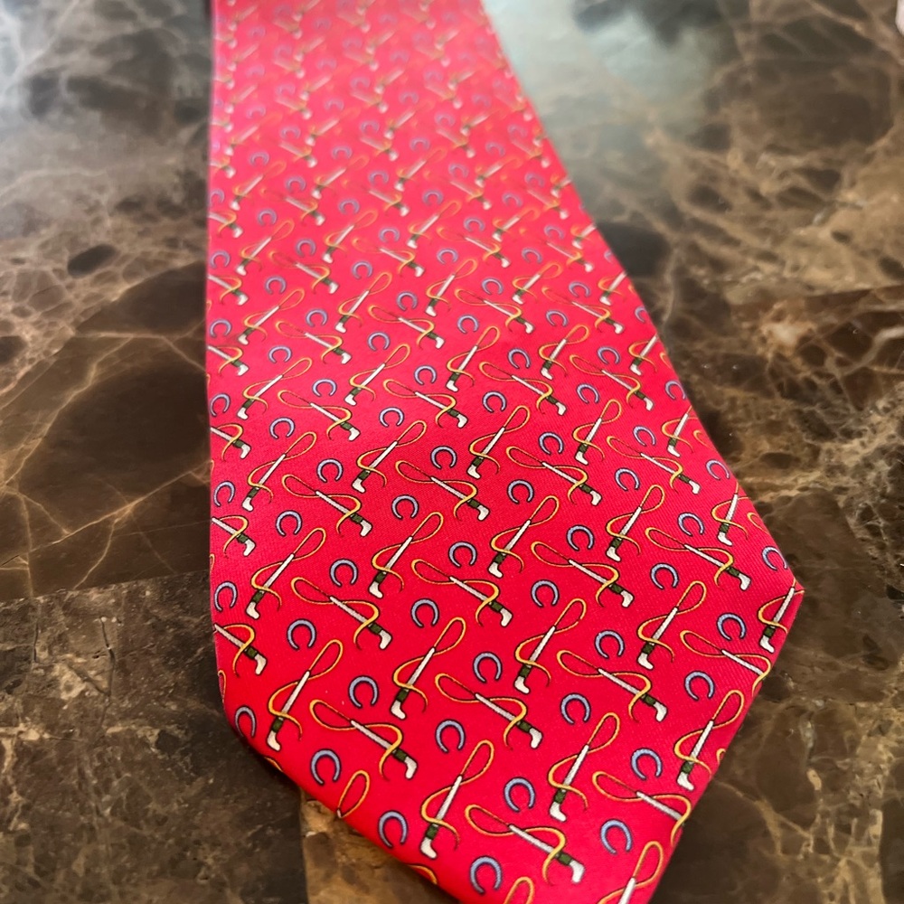 Salvatore Ferragamo Silk Tie Horseshoe Riding Crop Equestrian Novelty Red - Picture 6 of 10